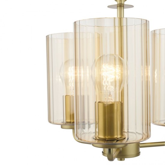 79488-003 Satin Gold 3 Light Centre Fitting with Ribbed Amber Glass