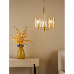 79488-003 Satin Gold 3 Light Centre Fitting with Ribbed Amber Glass