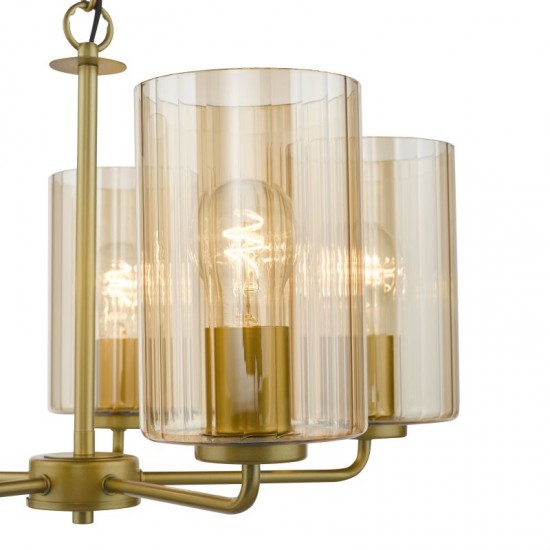 79490-003 Satin Gold 5 Light Centre Fitting with Ribbed Amber Glass
