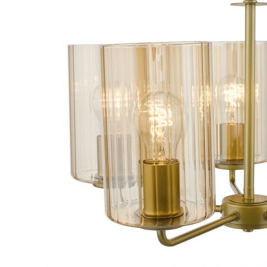 79490-003 Satin Gold 5 Light Centre Fitting with Ribbed Amber Glass
