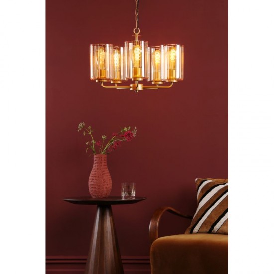 79490-003 Satin Gold 5 Light Centre Fitting with Ribbed Amber Glass
