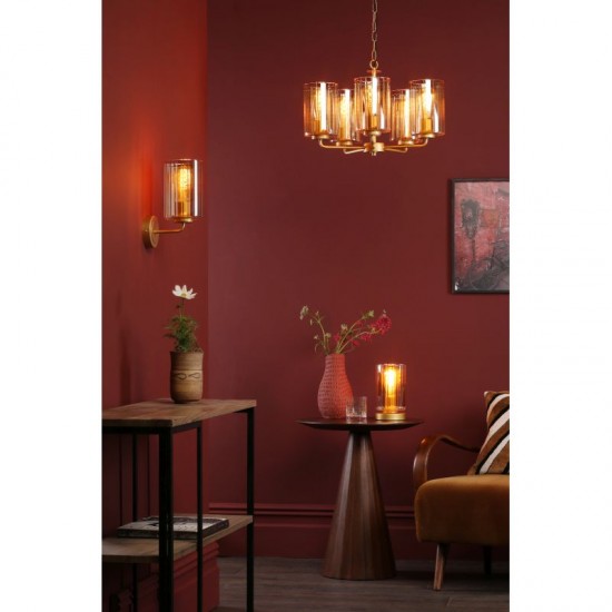 79490-003 Satin Gold 5 Light Centre Fitting with Ribbed Amber Glass