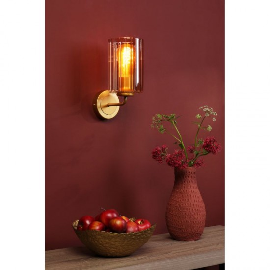 79492-003 Satin Gold Wall Lamp with Ribbed Amber Glass
