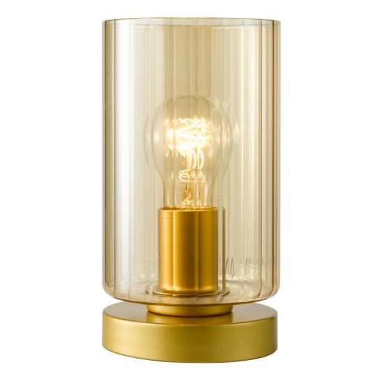 79494-003 Satin Gold Table Lamp with Ribbed Amber Glass