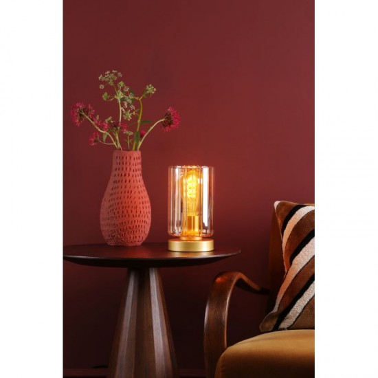 79494-003 Satin Gold Table Lamp with Ribbed Amber Glass