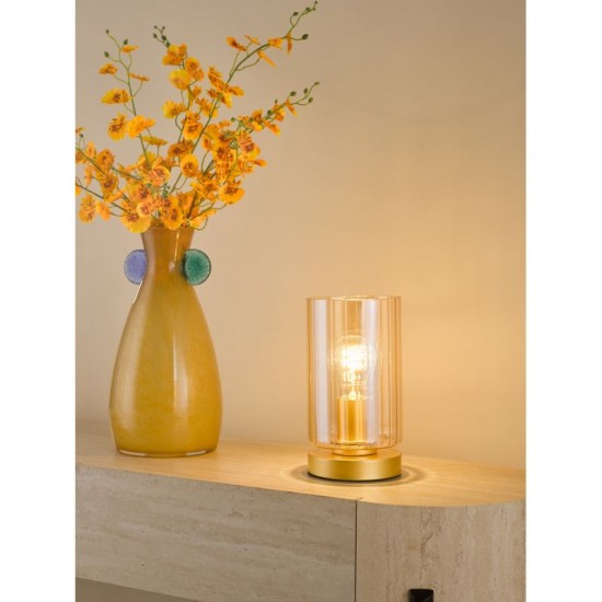 79494-003 Satin Gold Table Lamp with Ribbed Amber Glass