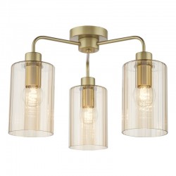 79496-003 Satin Gold 3 Light Semi Flush with Ribbed Amber Glass