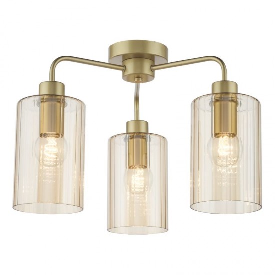 79496-003 Satin Gold 3 Light Semi Flush with Ribbed Amber Glass