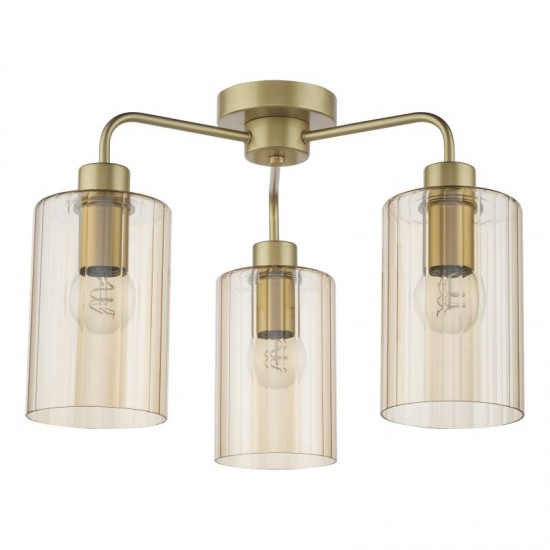 79496-003 Satin Gold 3 Light Semi Flush with Ribbed Amber Glass