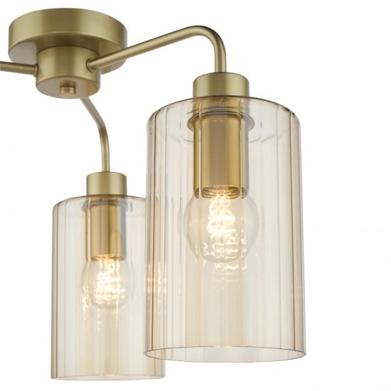 79496-003 Satin Gold 3 Light Semi Flush with Ribbed Amber Glass