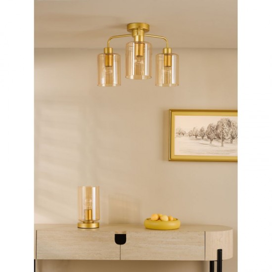 79496-003 Satin Gold 3 Light Semi Flush with Ribbed Amber Glass