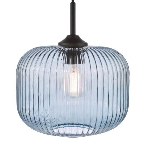 74773-003 Matt Black Pendant with Blue Ribbed Glass