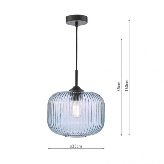 74773-003 Matt Black Pendant with Blue Ribbed Glass