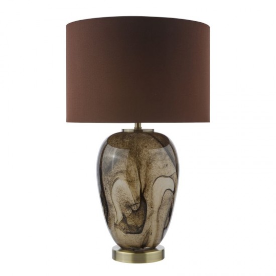 74781-003 Brown Marble Effect Glass Table Lamp With Brown Shade