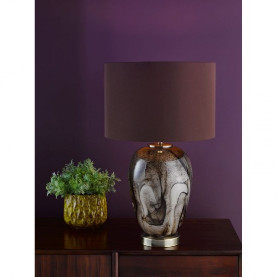 74781-003 Brown Marble Effect Glass Table Lamp With Brown Shade