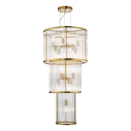 74680-003 Aged Brass 15 Light Chandelier with Clear Glass Rods