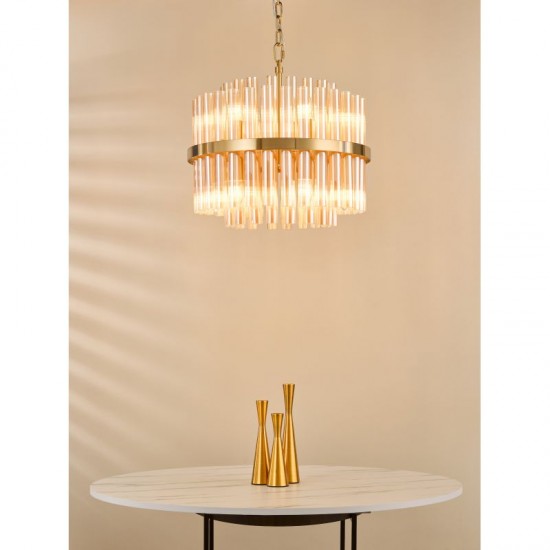 79704-003 Natural Brass 12 Light Centre Fitting with Champagne Ribbed Glass