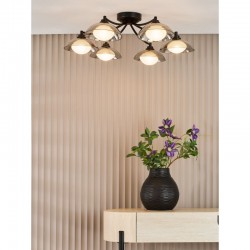 79604-003 Satin Black 6 Light Semi Flush with Smoked & White Glass