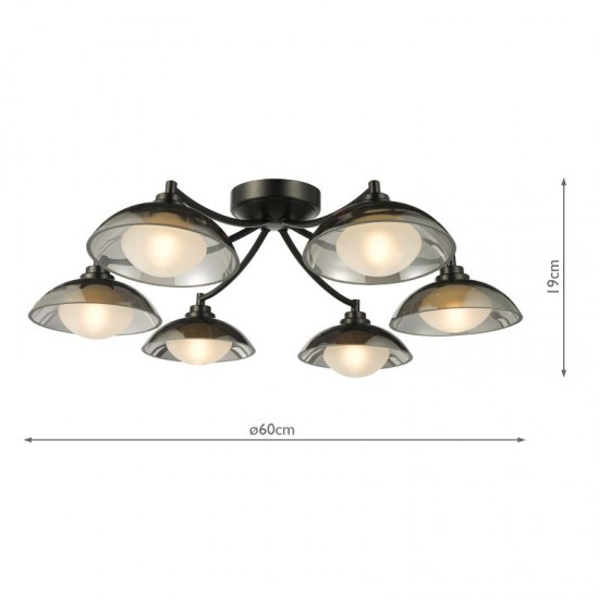 79604-003 Satin Black 6 Light Semi Flush with Smoked & White Glass