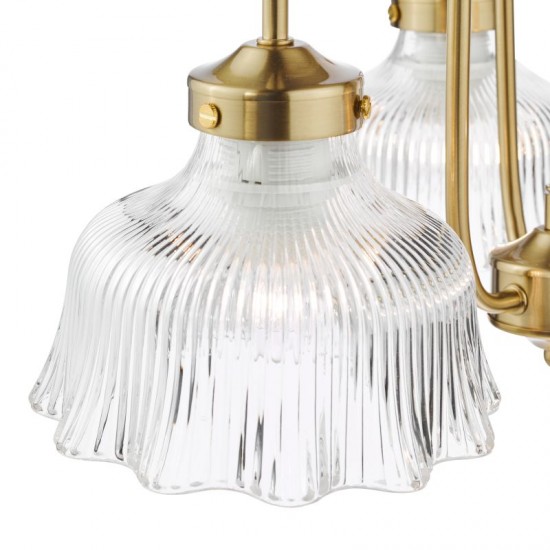 74838-003 Natural Brass 3 Light Centre Fitting with Ribbed Glass