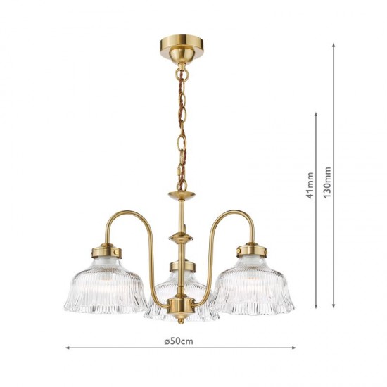 74838-003 Natural Brass 3 Light Centre Fitting with Ribbed Glass