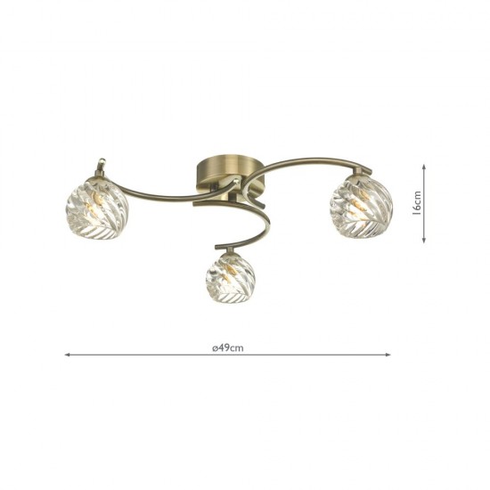 61777-004 Antique Brass 3 Light Semi Flush with Twisted Glasses