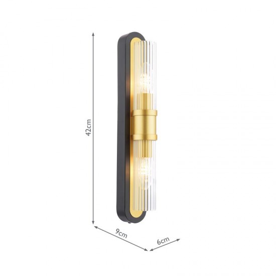 79638-003 Black & Gold 2 Light Wall Lamp with Ribbed Clear Glass