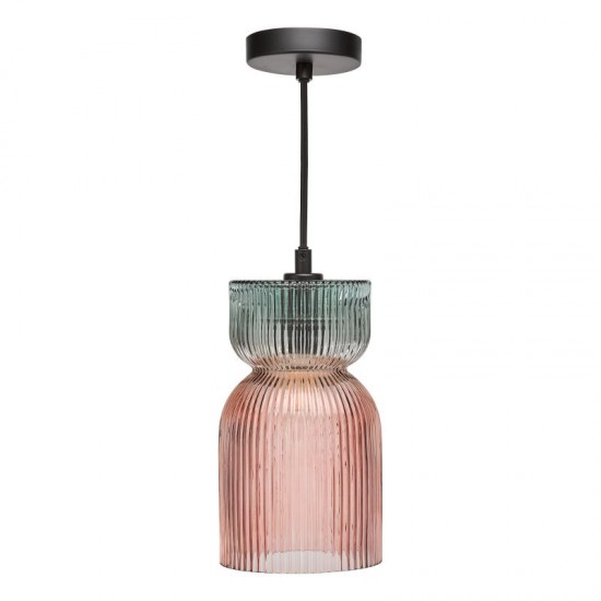 74887-003 Black Pendant with Pink & Green Ribbed Glass