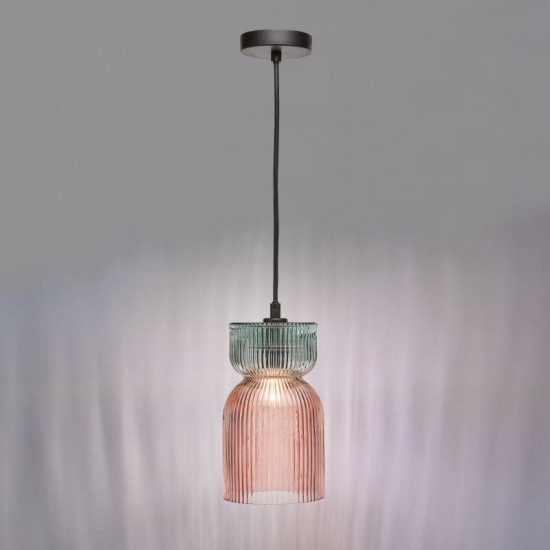 74887-003 Black Pendant with Pink & Green Ribbed Glass