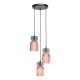 74888-003 Black 3 Light Cluster Fitting with Pink & Green Ribbed Glass