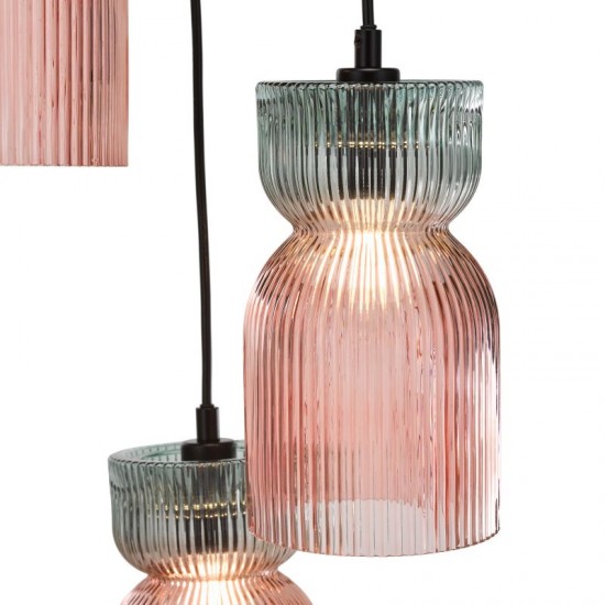 74888-003 Black 3 Light Cluster Fitting with Pink & Green Ribbed Glass