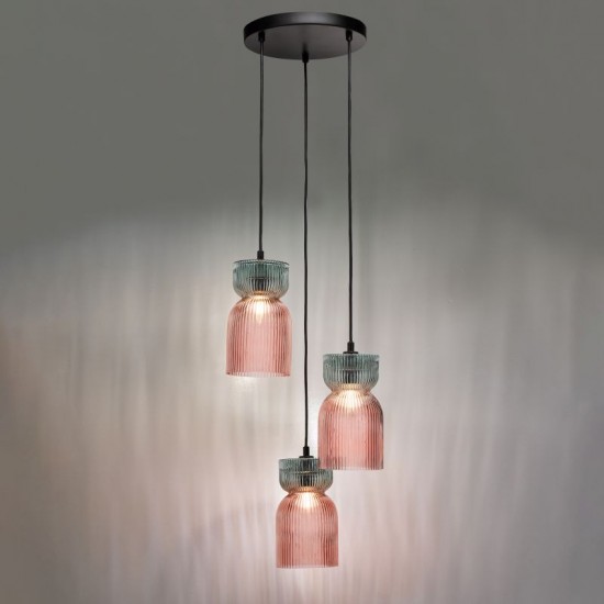 74888-003 Black 3 Light Cluster Fitting with Pink & Green Ribbed Glass