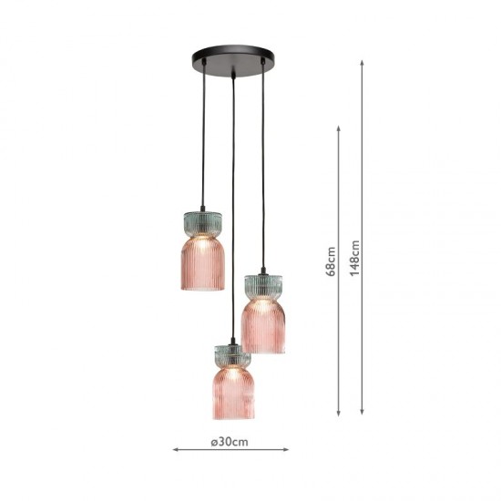 74888-003 Black 3 Light Cluster Fitting with Pink & Green Ribbed Glass
