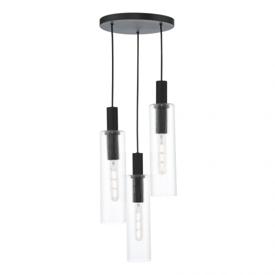 73210-003 Black 3 Light Cluster Pendant with Ribbed Clear Glasses