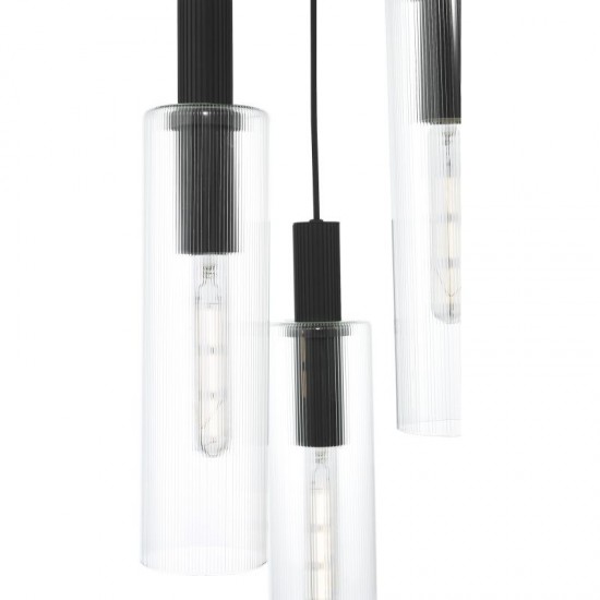 73210-003 Black 3 Light Cluster Pendant with Ribbed Clear Glasses