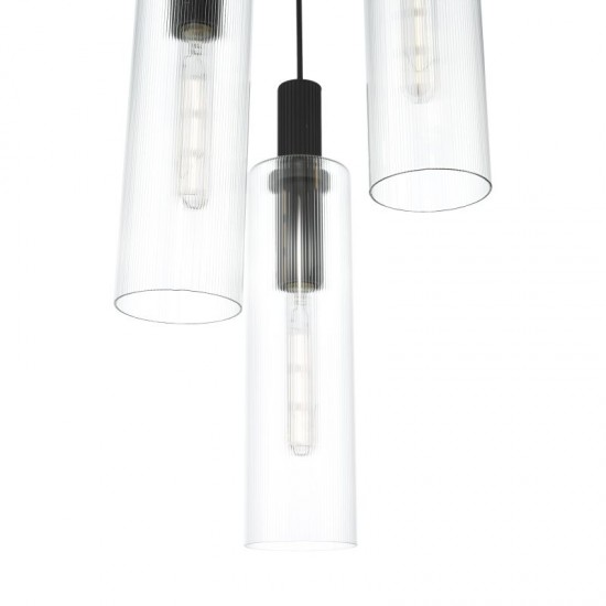 73210-003 Black 3 Light Cluster Pendant with Ribbed Clear Glasses