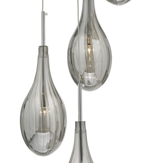 52163-003 Chrome 6 Light Cluster Pendant with Ribbed Smoked Glasses