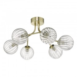 52216-003 Gold 6 Light Ceiling Lamp with Ribbed Globe Glasses