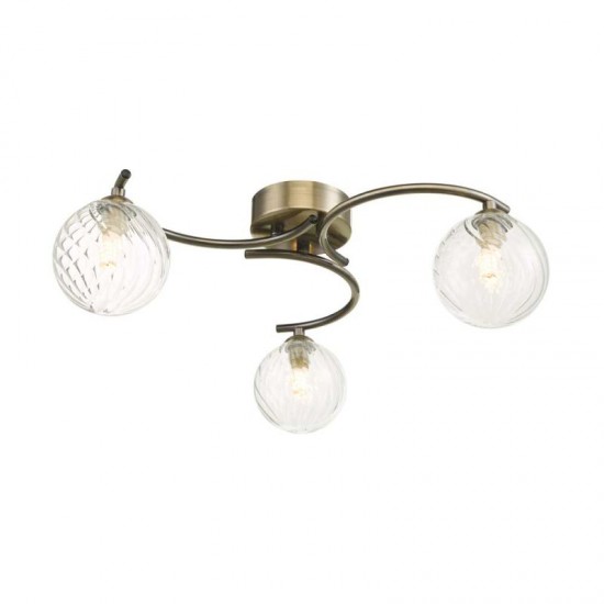 52334-003 Antique Brass 3 Light Semi Flush with Clear Twisted Glasses