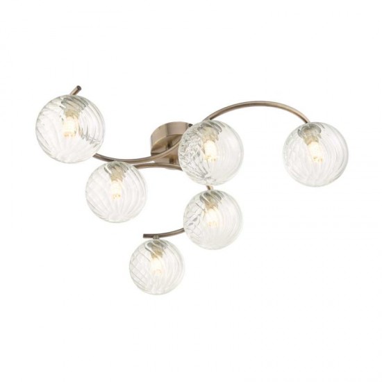 52447-004 Antique Brass 6 Light Semi Flush with Clear Twisted Glasses