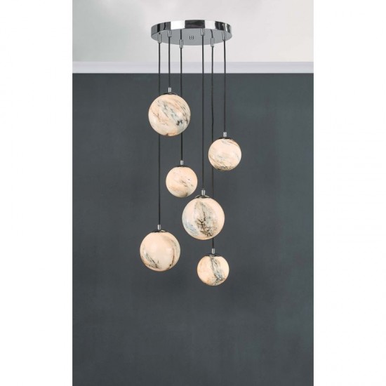 59056-003 Chrome 6 Light Cluster Pendant with Marble Effect Glasses