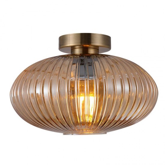 67572-005 Antique Brass Semi Flush with Ribbed Amber Glass