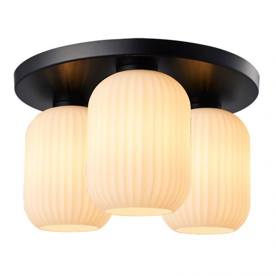 67578-005 Black 3 Light Semi Flush with Ribbed Opal Glasses