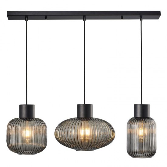 67582-005 Black 3 Light over Island Fitting with Ribbed Smoked Glasses