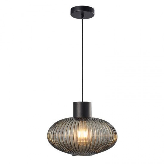 67584-005 Black Pendant with Ribbed Smoked Glass