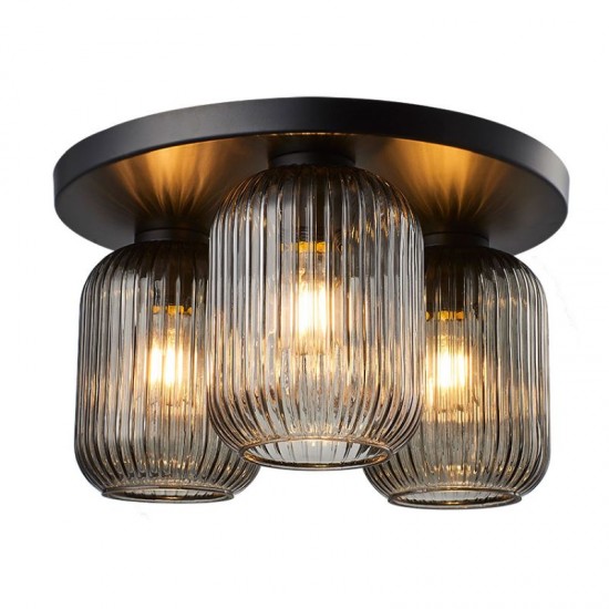 67586-005 Black 3 Light Semi Flush with Ribbed Smoked Glasses