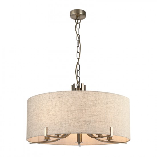 7846-005 Antique Brass 5 Light Pendant with Natural Linen Shade