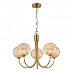 71799-005 Satin Brass 5 Light Centre Fitting with Textured Amber Glasses