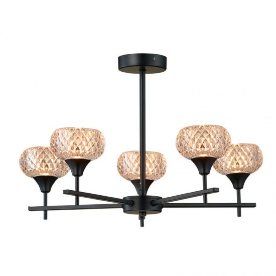 75663-005 Matt Black 5 Light Semi Flush with Textured Glass