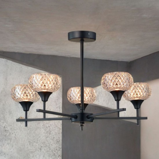 75663-005 Matt Black 5 Light Semi Flush with Textured Glass